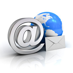 Email concept, Metal at sign, blue globe and white envelope