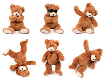 Teddy Bears In Different Poses On White Background