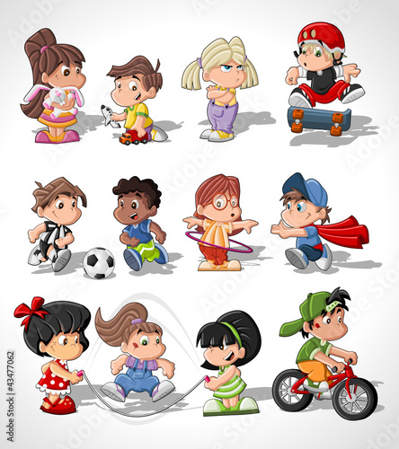 Obraz w ramie Cute happy cartoon kids playing