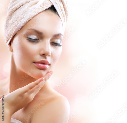 Obraz w ramie Spa Girl. Beautiful Young Woman After Bath Touching Her Face