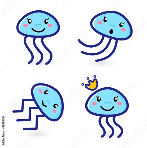 Tapeta ścienna Cartoon jellyfish ustawić odizolowane na biały