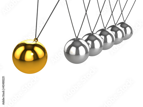 3d Newtons cradle gold ball swings closer