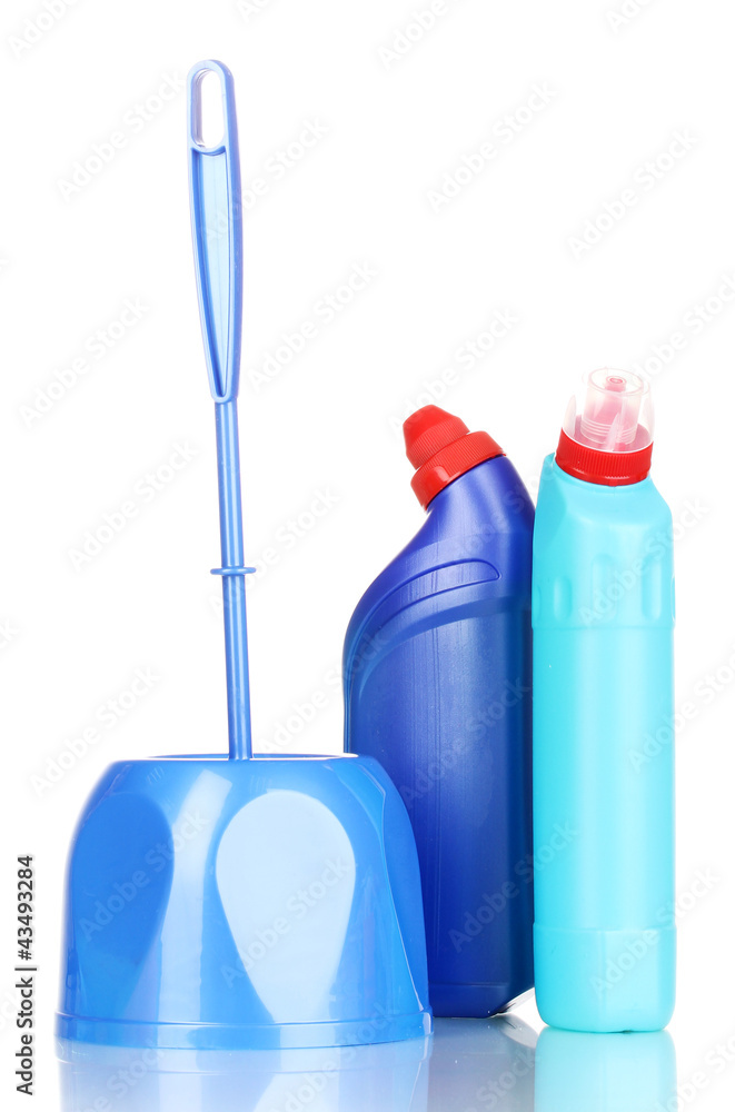 Cleaning items and brush for toilet isolated on white
