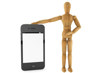 Wooden dummy with mobile smartphone