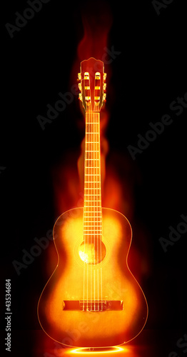 Obraz na płótnie canvas czteroczęściowy "tetraptyk" Ognista gitara w ogniu