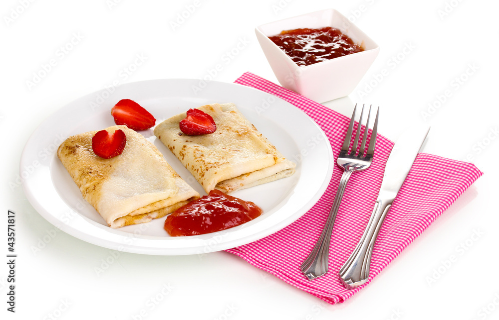 Stack of tasty pancakes isolated on white