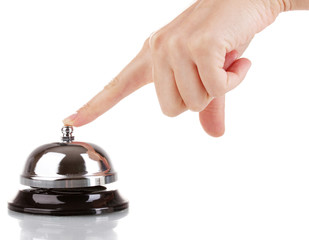 Hand ringing in service bell isolated on white