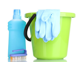 Wall Mural - Detergent and bucket with gloves isolated on white