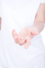 Wall Mural - Empty woman hands over body isolated on background.