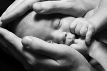 Newborn Baby Sleeping Into Parents Hands. Kids Protectin