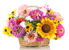 Beautiful Bouquet Of Bright Flowers In Basket Isolated On White