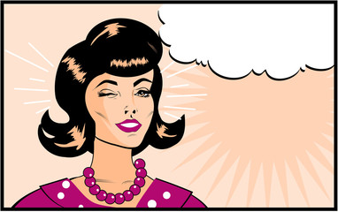 Retro Woman Winking banner - Retro Clip Art comics style