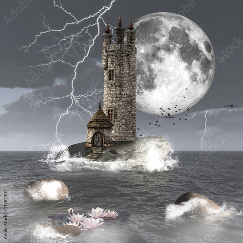 Board z aluminiowym obramowaniem Seascape fantasy z ciemną wieżą