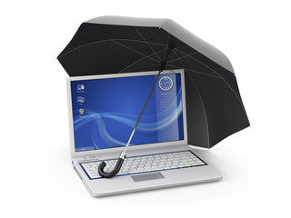 Poster - Protection of information. Laptop and umbrella