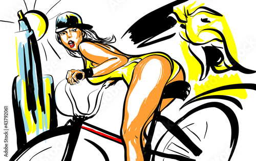 Fototapeta na wymiar femme sexy sur u n vélo croquis couleur