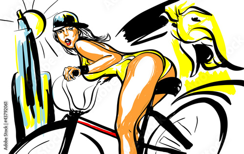 Naklejka na meble femme sexy sur u n vélo croquis couleur