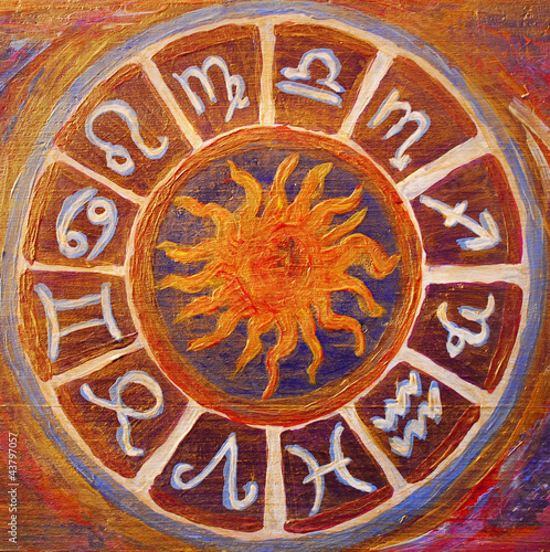 Doppelrollo mit Motiv - Handgemalter Tierkreis auf Holz- rauhe Oberflächenstruktur, Alle Sternezeichen mit einer Sonne in der Mitte, gold schimmernd, Gemälde (von Sonja Birkelbach)