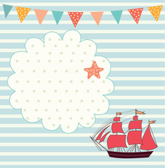 Wall Mural - Sea blue striped illustration with sail boat