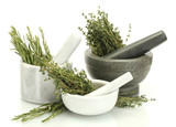 Fototapeta Lawenda - mortars with fresh green thyme and rosemary isolated on white