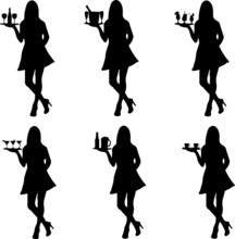 Beautiful Waitress Standing And Holding Different Drinks