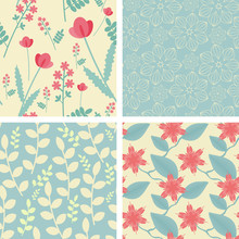 Four Floral Seamless Patterns In Light Teal And Red Colors