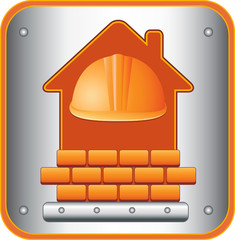 Wall Mural - construction icon with helmet, house silhouette and bricks