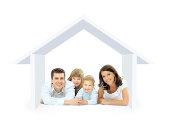 Happy family in a house. Isolated over a white backgroun