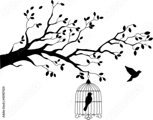 Obraz w ramie Tree silhouette with bird flying