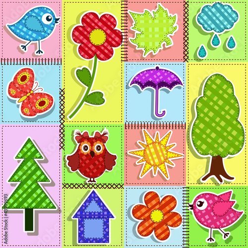 Tapeta ścienna Patchwork z ptakami i birdhouses. 