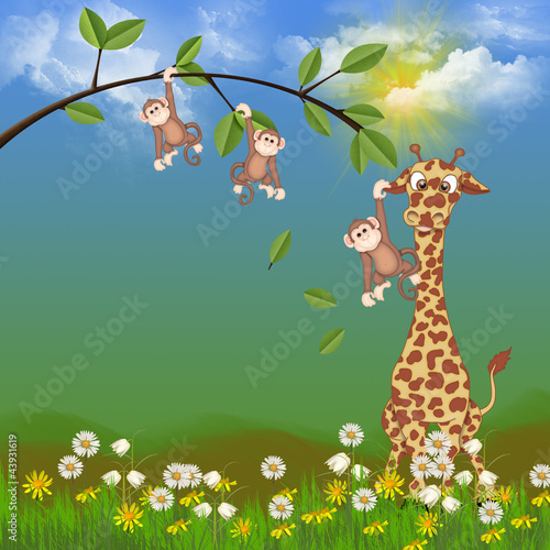 Fototapeta dla dzieci monkeys and giraffe