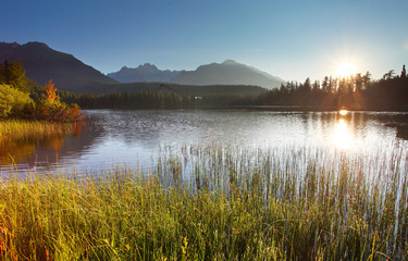 Canvas Print - Sunset on mountain lake - Strbske pleso in Slovakia.