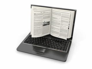 E-learning. Laptop screen as book on white background.