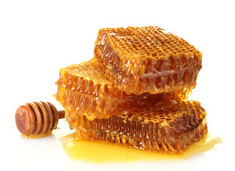 Sticker - sweet honeycomb and wooden drizzler, isolated on white