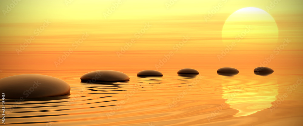 Zen path of stones on sunset in widescreen - obrazy, fototapety, plakaty 
