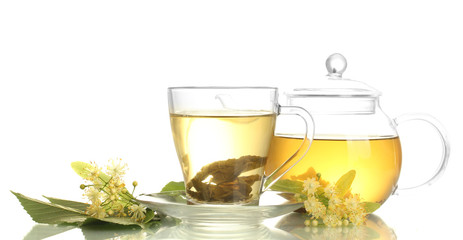 Sticker - cup and teapot of linden tea and flowers isolated on white