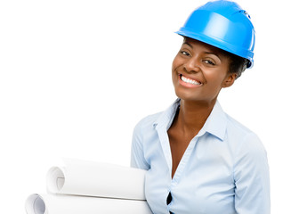 Confident African American woman architect smiling white backgro