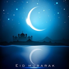 Sticker - Eid Mubarak background with Mosque or Masjid and shiny moon. EPS