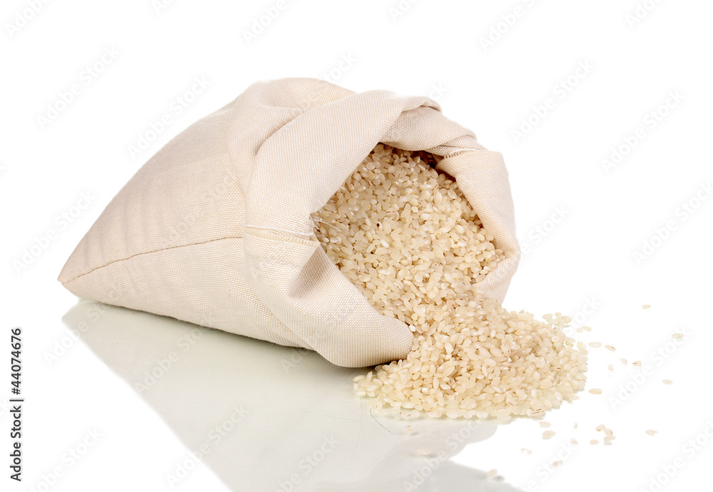 Cloth bag of rice isolated on white