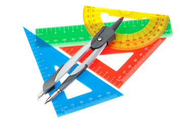 Wall Mural - A set of rulers for the school and a compass on a white backgrou