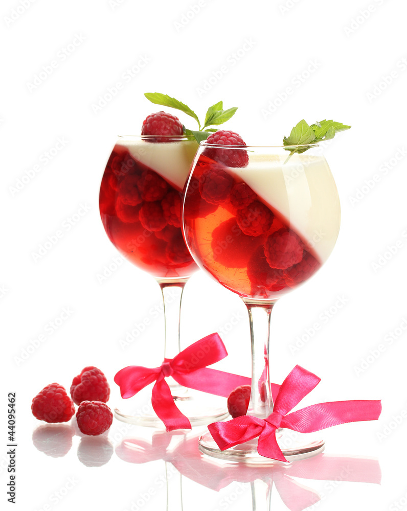 fruit jelly in glasses with raspberries isolated on white