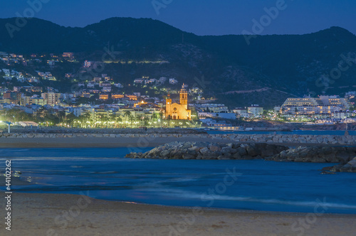 Fotoboard na płycie Sant bartomeu i Santa tecla kościoła w Sitges, Hiszpania