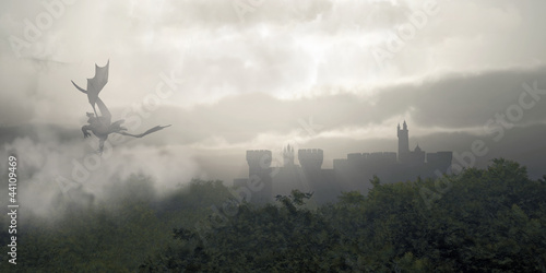 Plakat Dragon Flying Over Misty Fantasy Forest