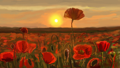 Fotomurales - Field of poppies - illustration
