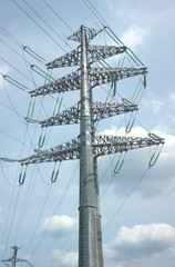 High-voltage power line metal prop over sky with clouds