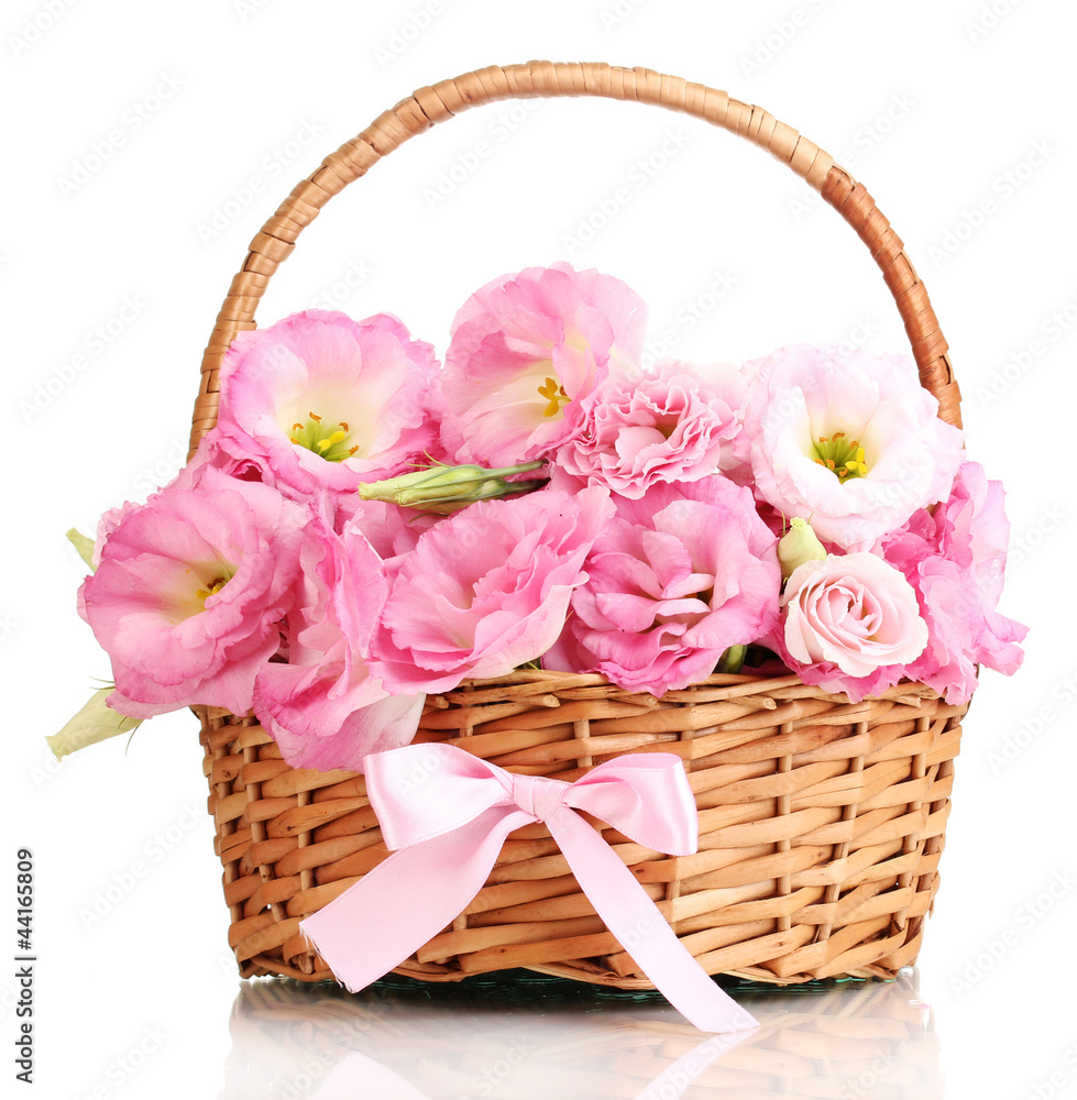 bouquet of eustoma flowers in basket, isolated on white