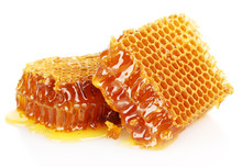 Sweet Honeycombs With Honey, Isolated On White