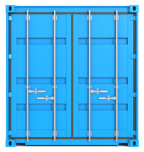 Cargo Container Front, Closed. Blue. Closed Doors. Front View.