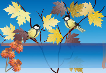 Sticker - composition with two tits on golden maple