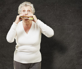 senior woman eating a healthy sandwich against a grunge backgrou