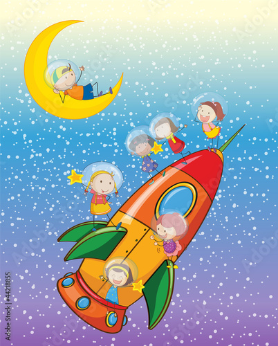 Obraz w ramie kids on moon and spaceship